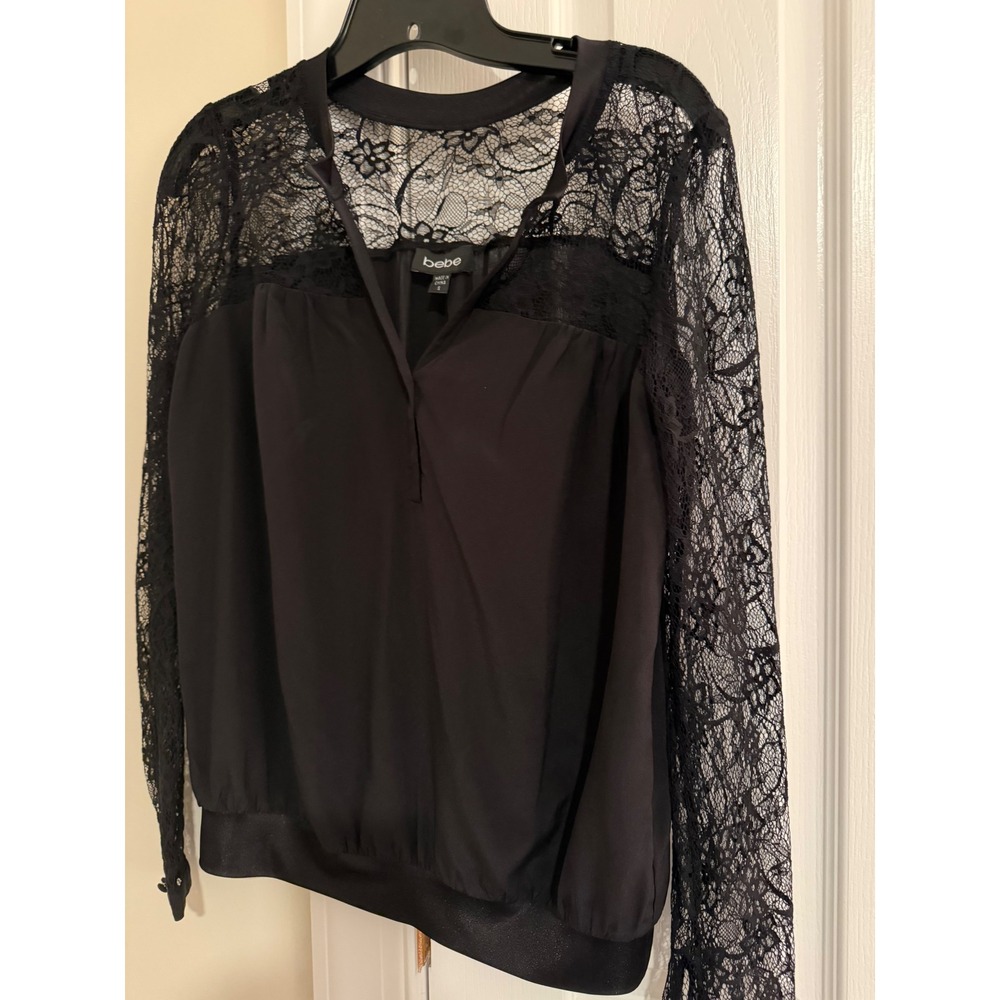 Bebe Black 100%‎ Mulberry Silk Lace Sleeve V-Neck Blouse Top Small 60KM0101-N955